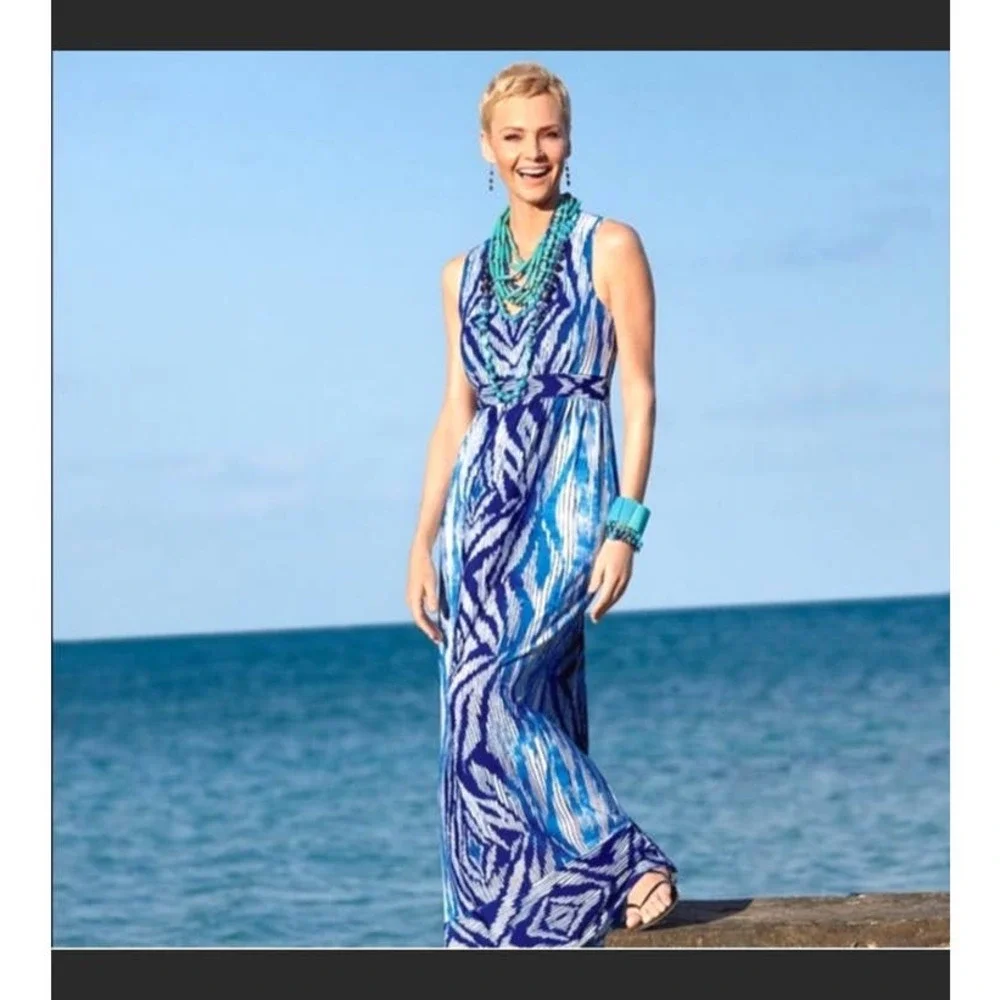 Chicos Dress Womens Size 1 Medium Blue Haze Bonnie Maxi Sleeveless Boho Chic